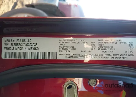 2020 Ram 2500 Tradesman 4X4 6'4 Box z USA, uszkodzony, nr VIN 3C6UR5CJ7LG303938